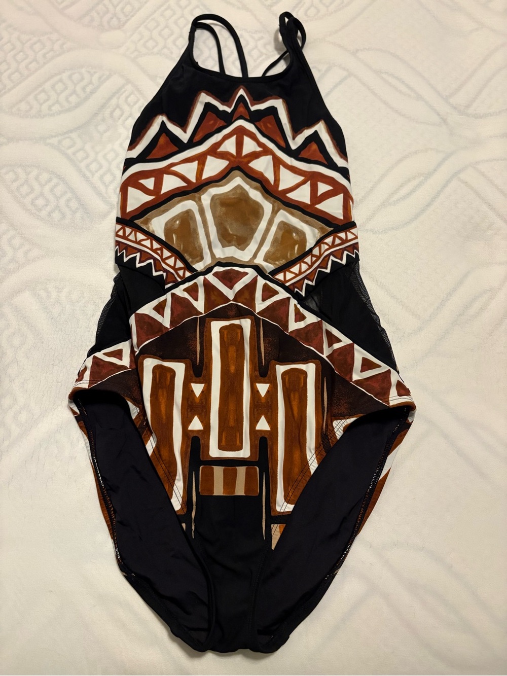 La Blanca Black High-Neck Tribal One-Piece Swimsuit with Brown Accents